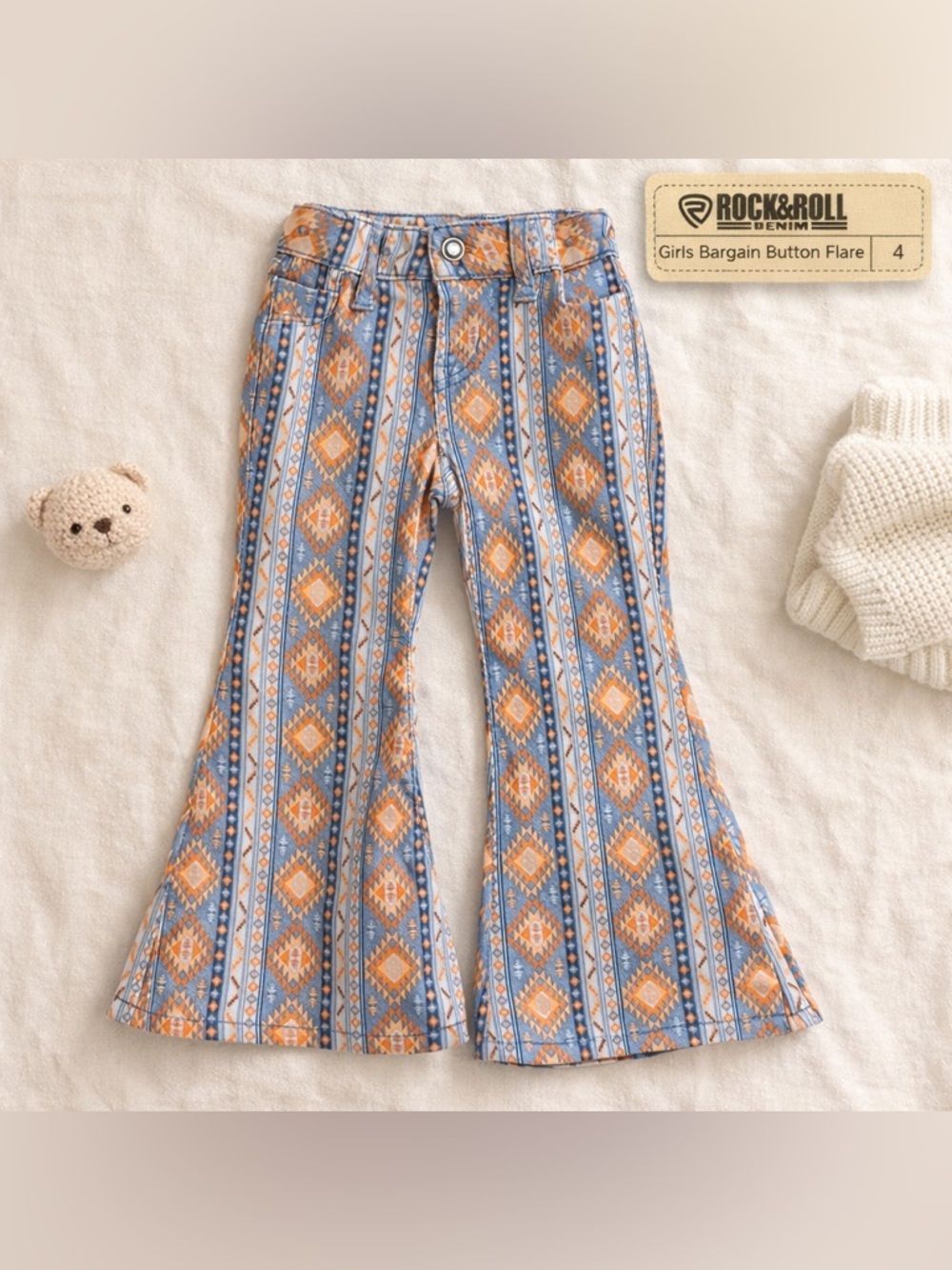Rock &‎ Roll Denim Girls Aztec Flare Jeans Size 4 Boho Western Bell Bottom Pants